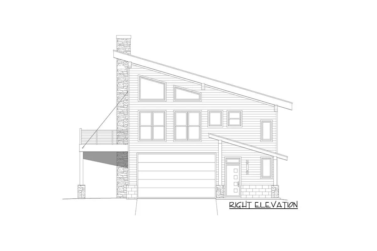 A two-story, two-bedroom contemporary alpine residence is seen in the right elevation.