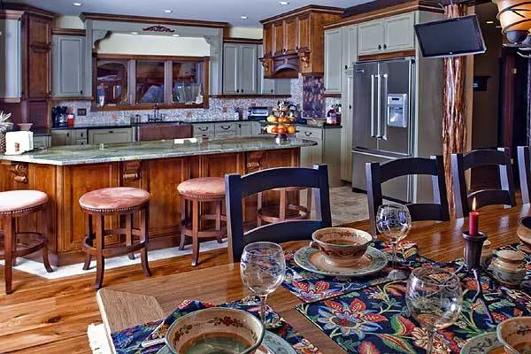 Kitchen area and decorative style dining table in floral accent.