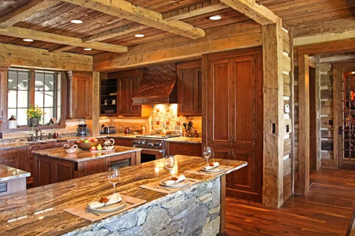 The cabinets and the kitchen hood are all accented with genuine wood.