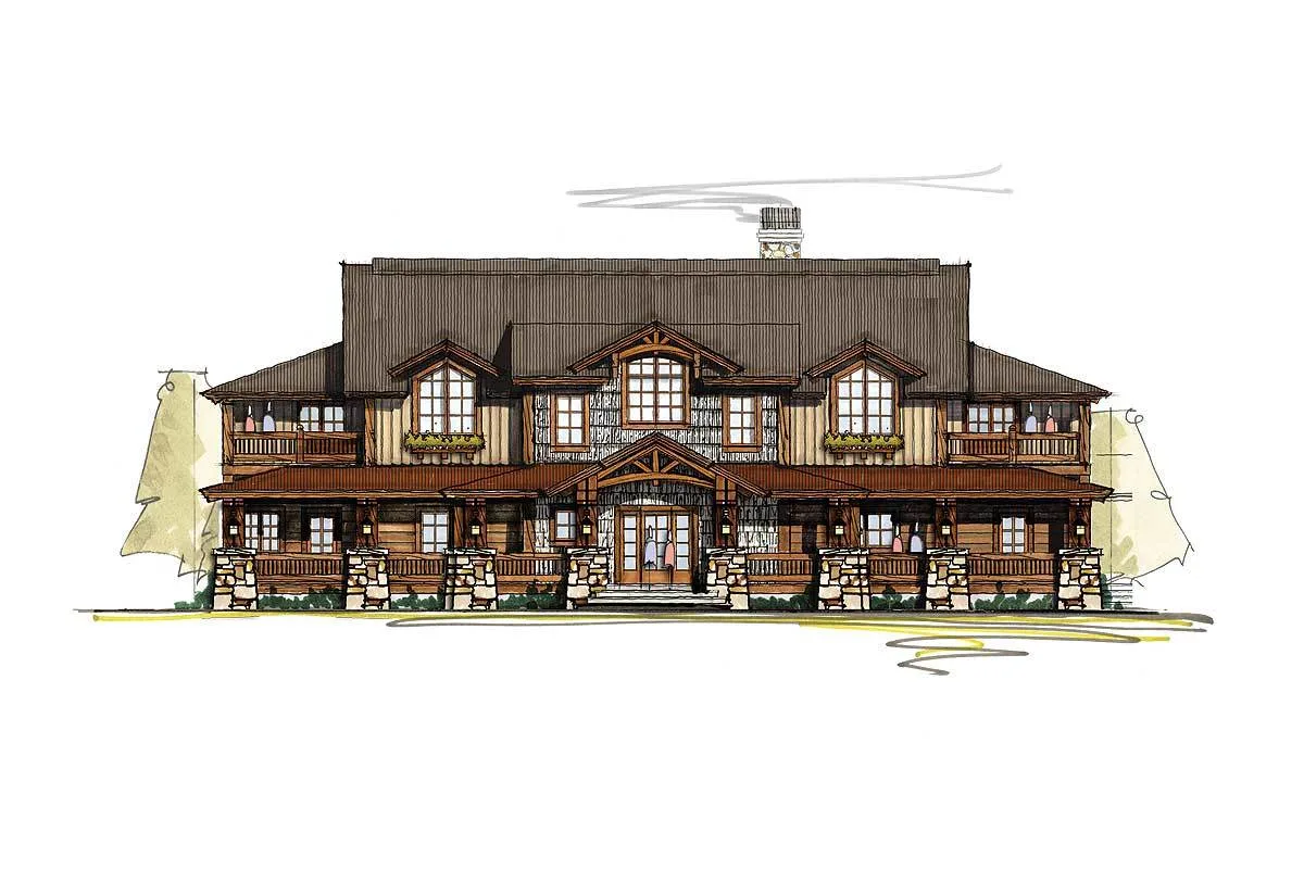 Exterior design sketch of a mountain home in brown tone.