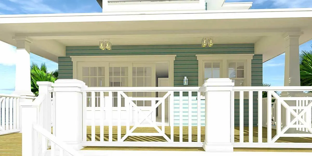 Natural wood details are used in the main level porch's flooring and a white-painted door, window, and railing.
