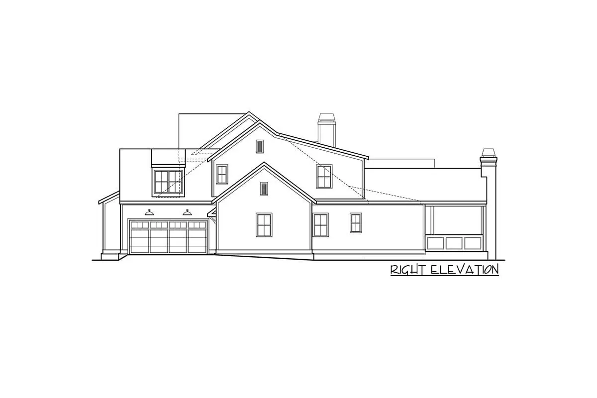 Sketch of the 2-story, 4-bedroom modern American farmhouse with additional room, showing the right elevation.