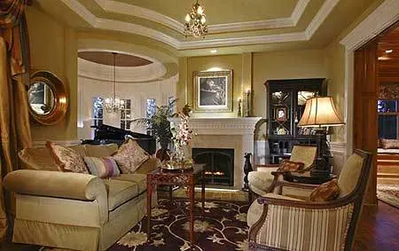 A beautiful sofa and fireplace may be seen in the guest room.