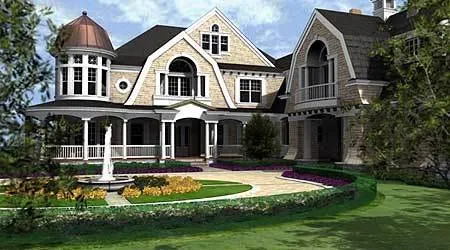 A stunning view of a round landscaping garden and fountain at the front of the house.
