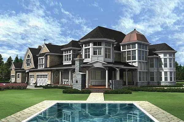 Great view of the garage and pool area of the craftsman Newport house.