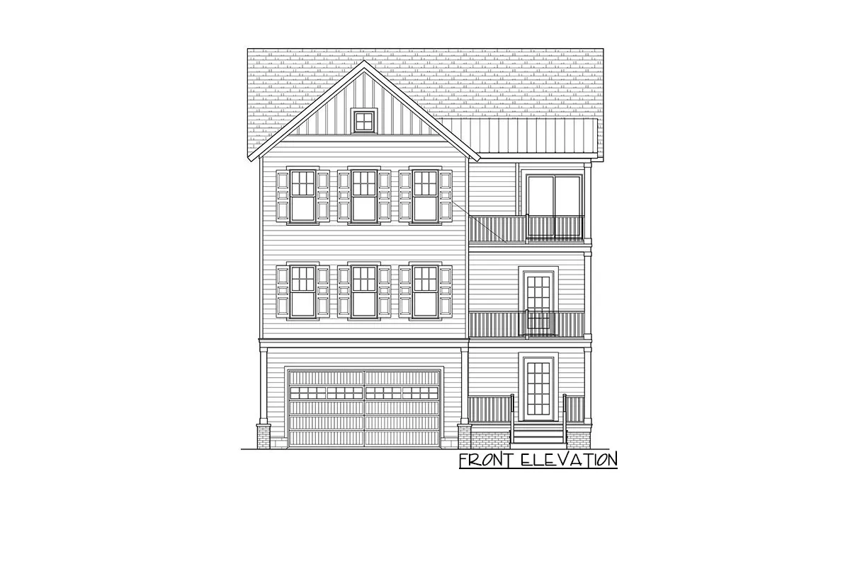 The 3-story, 3-bedroom southern beach house's front elevation is sketched.