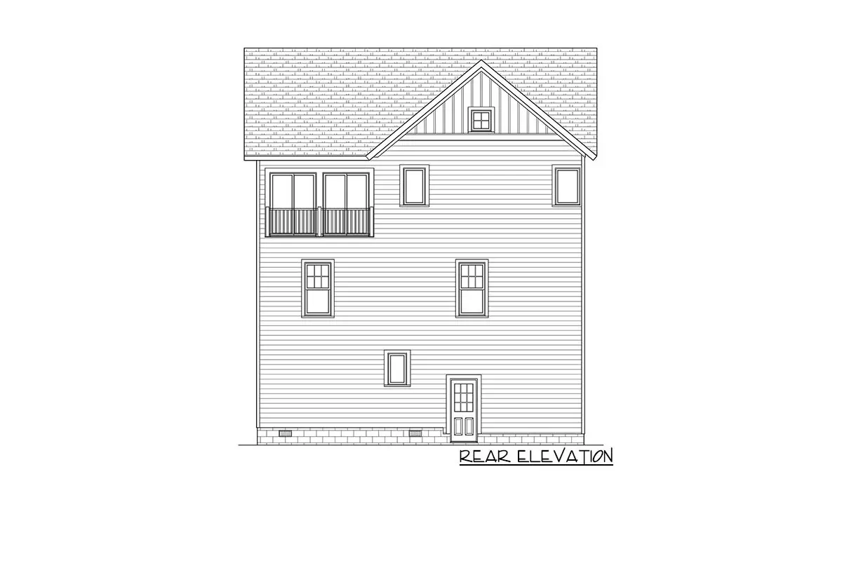 The 3-story, 3-bedroom southern beach house's rear elevation is sketched.