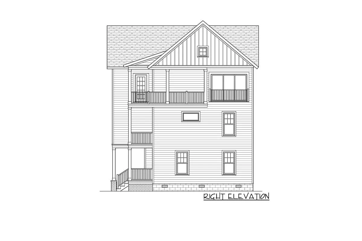 The 3-story, 3-bedroom southern beach house's right elevation is sketched.