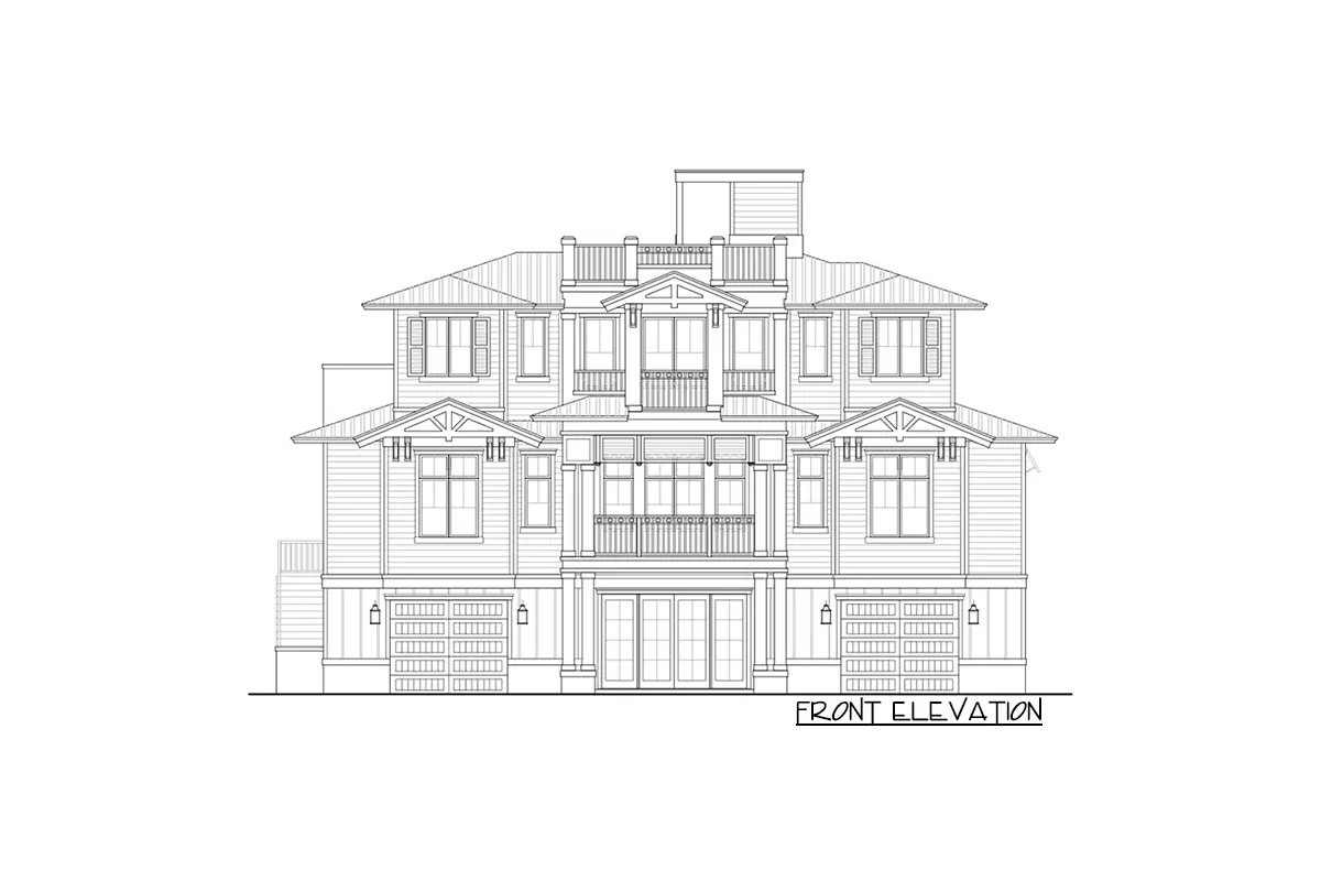 The front elevation of the three-story, five-bedroom southern coastal home is drawn.