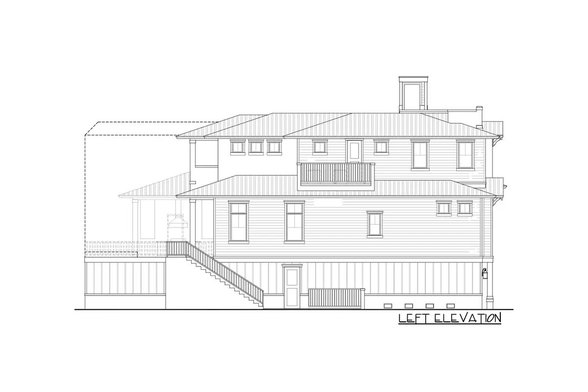 The left elevation of the three-story, five-bedroom southern coastal home is drawn.