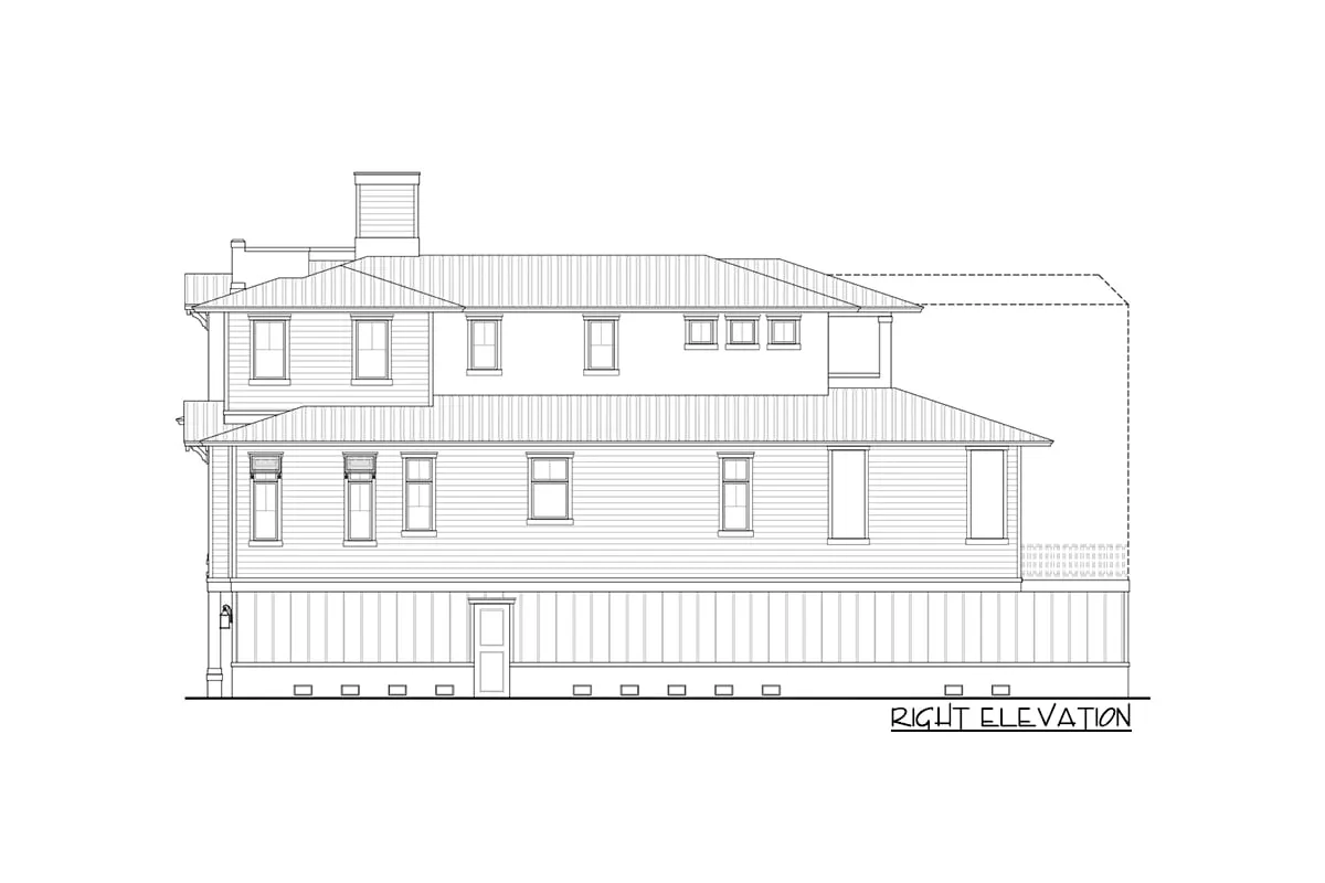 The right elevation of the three-story, five-bedroom southern coastal home is drawn.