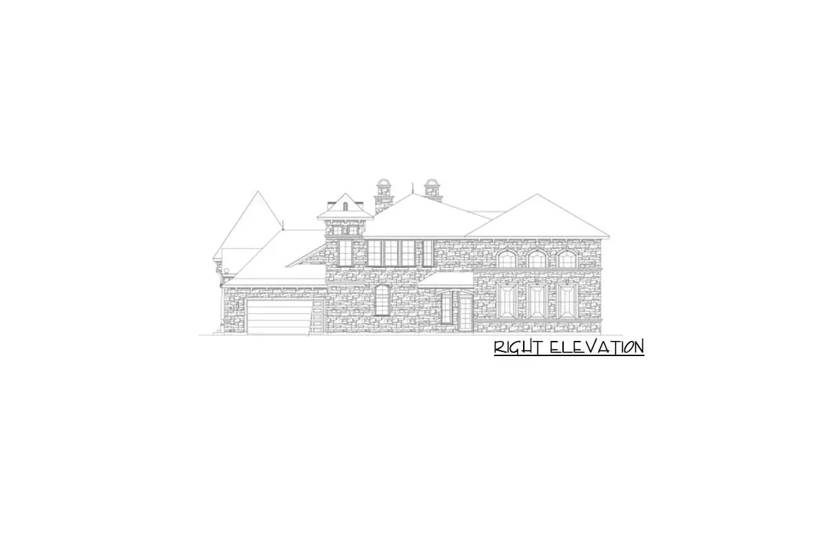 Right elevation drawing of the two-story, five-bedroom French-country home.