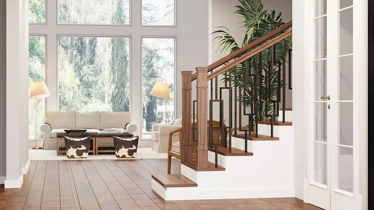Stairs in wood accent handrail and steps with visible white French door.