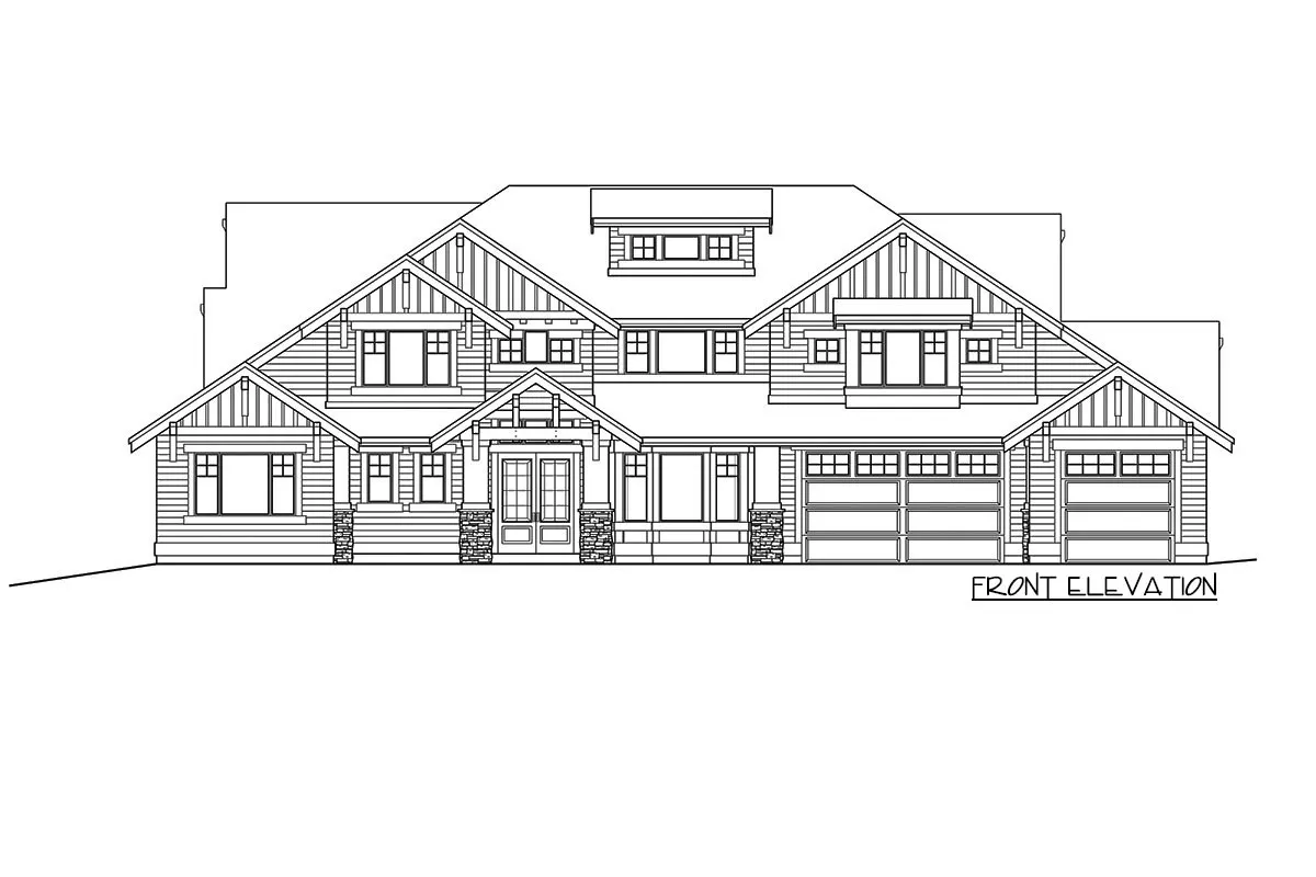 Front elevation drawing of the 2-story 5-bedroom mountain northwest house.
