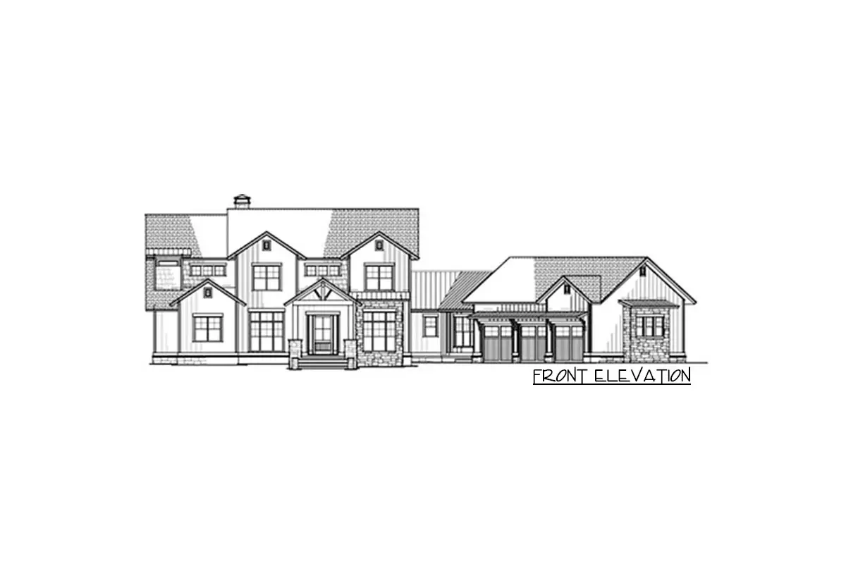 Front elevation drawing of the 2-story, 5-bedroom New American farmhouse.