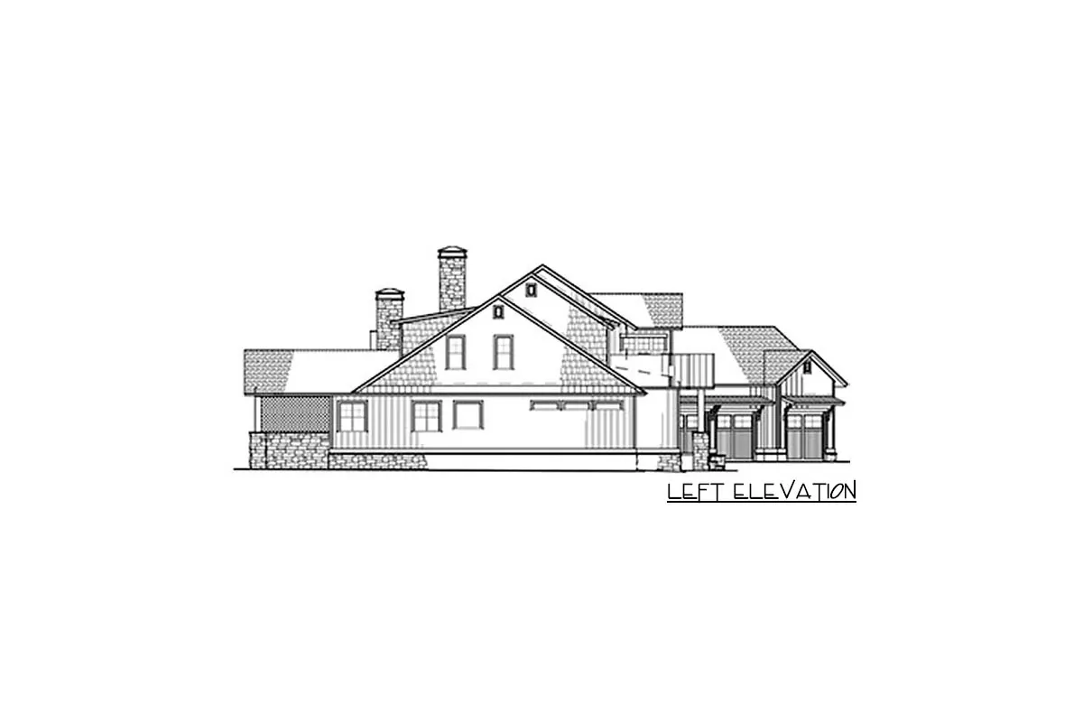 Left elevation drawing of the 2-story, 5-bedroom New American farmhouse.