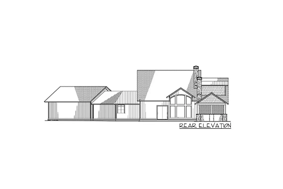 Rear elevation drawing of the 2-story, 5-bedroom New American farmhouse.