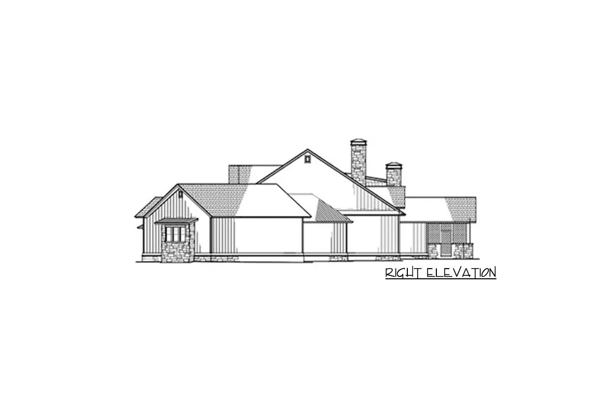 Right elevation drawing of the 2-story, 5-bedroom New American farmhouse.