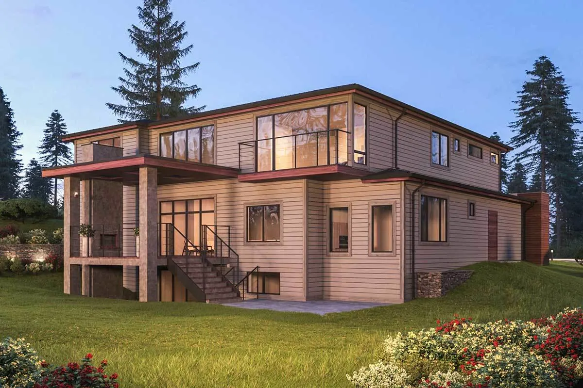 The back of the house features a stunning modern wood design covered deck and patio.