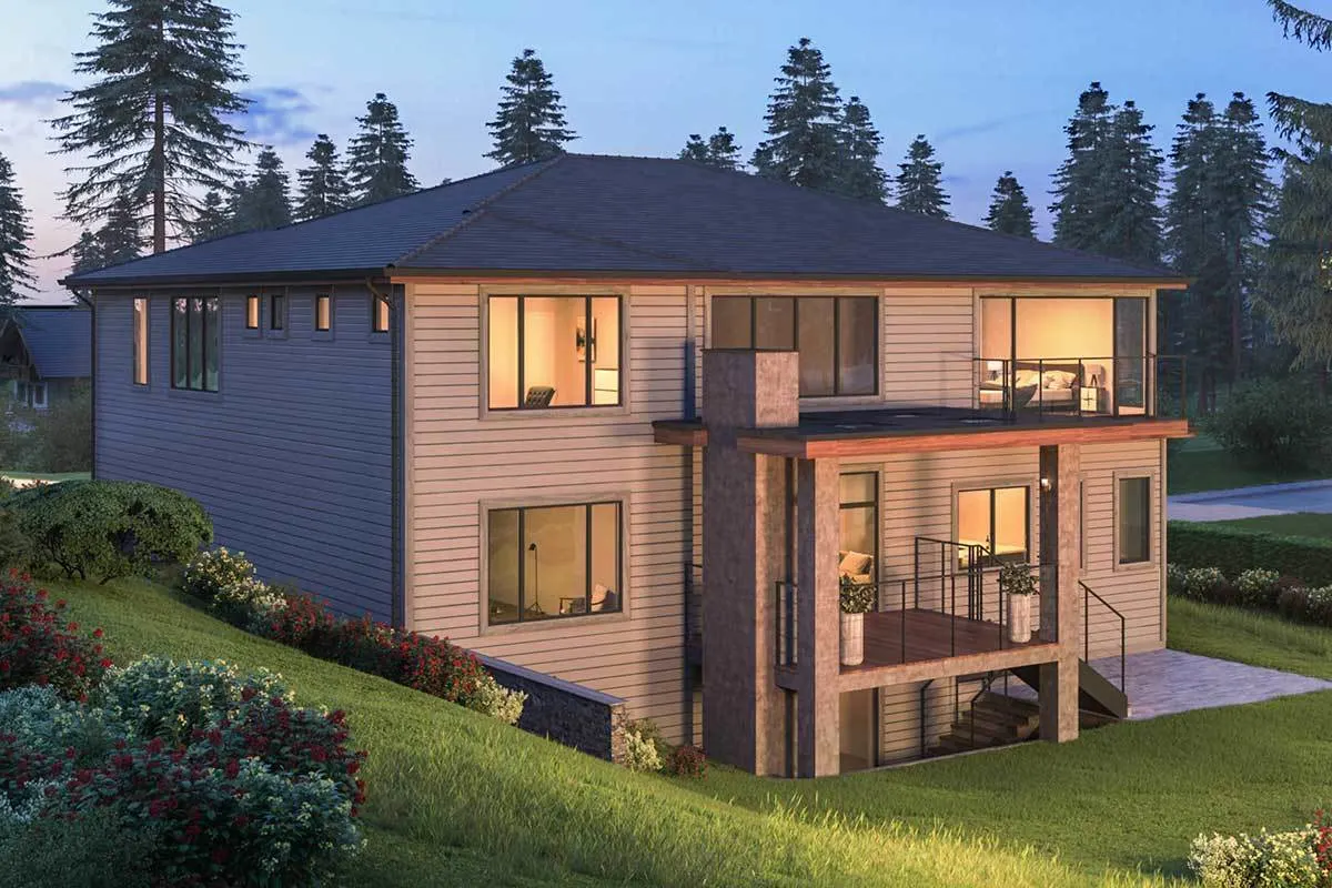 A distance view of the back perspective with the balcony feature visible.