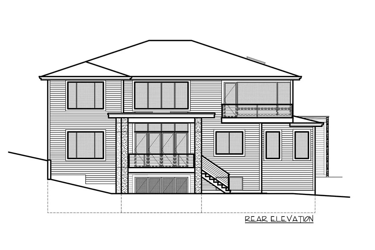 Sketch of the 2-story, 5-bedroom sprawling contemporary house's rear elevation.