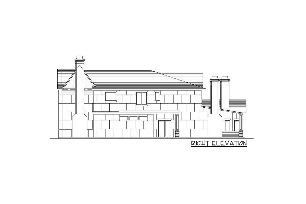 Sketch of the 2-story, 5-bedroom hill country home's right elevation.