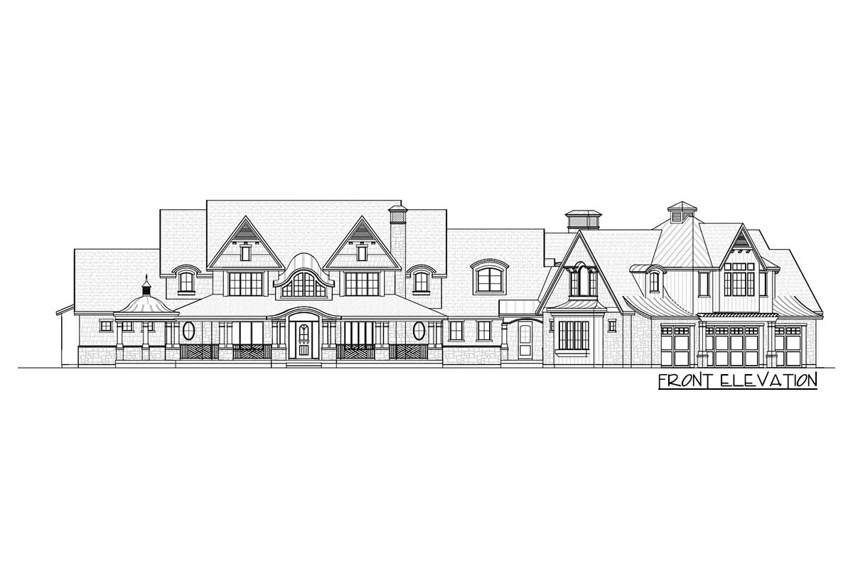 Sketch of the 2-story, 4-bedroom modern coastal home's front elevation.
