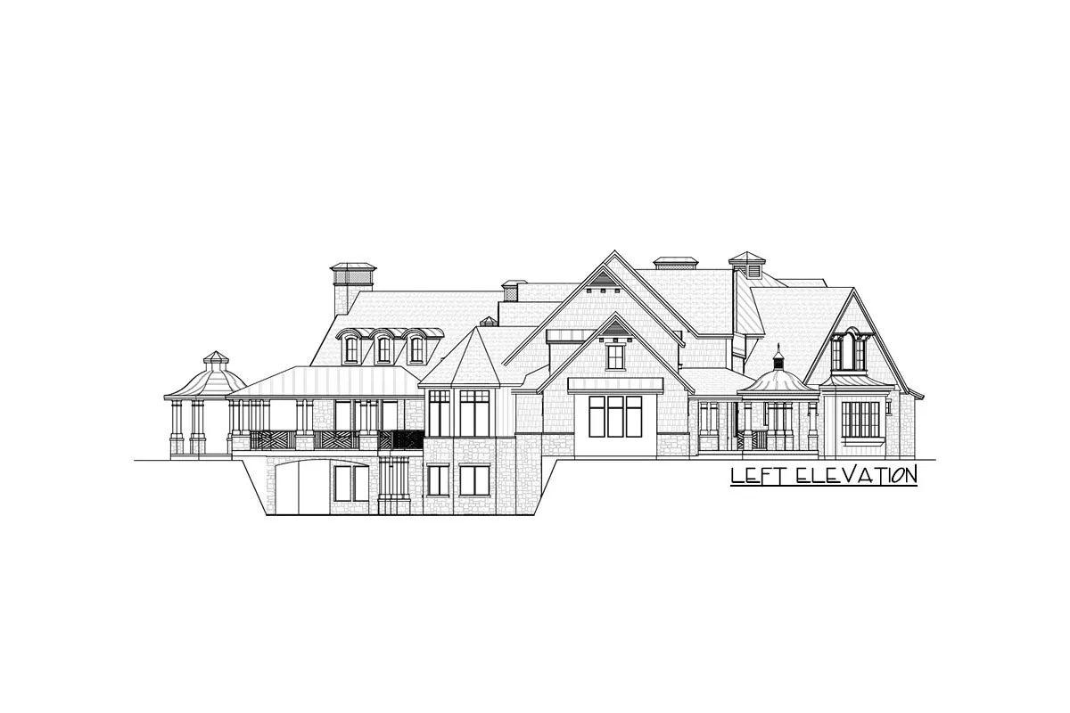 Sketch of the 2-story, 4-bedroom modern coastal home's left elevation.