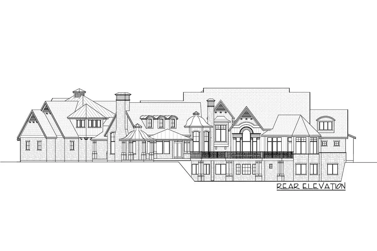 Sketch of the 2-story, 4-bedroom modern coastal home's rear elevation.