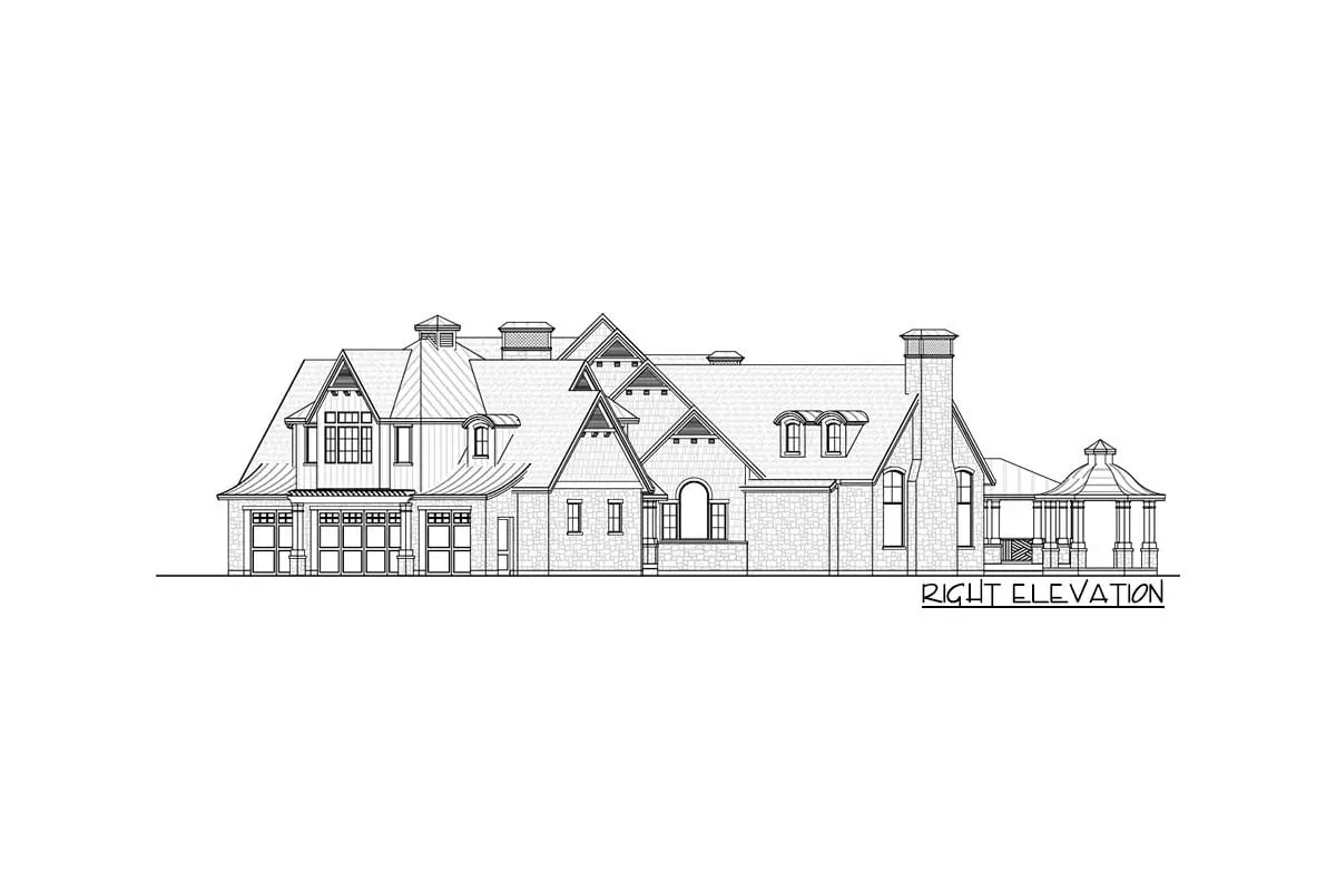 Sketch of the 2-story, 4-bedroom modern coastal home's right elevation.