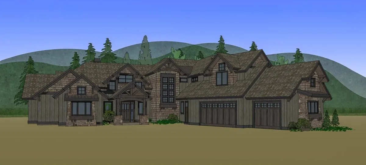 Drawing of the mountain craftsman home's front in dark color tone exterior.
