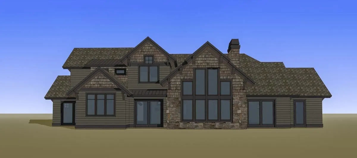 Drawing of the mountain craftsman home's back in dark color tone exterior.