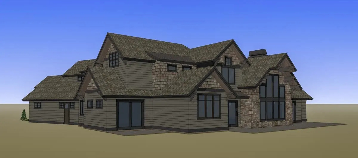 Drawing of the mountain craftsman home's garage area in dark color tone exterior.