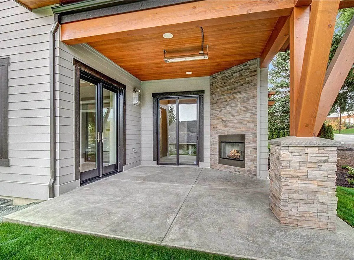 The covered patio showing the two glass doors leading to different area.