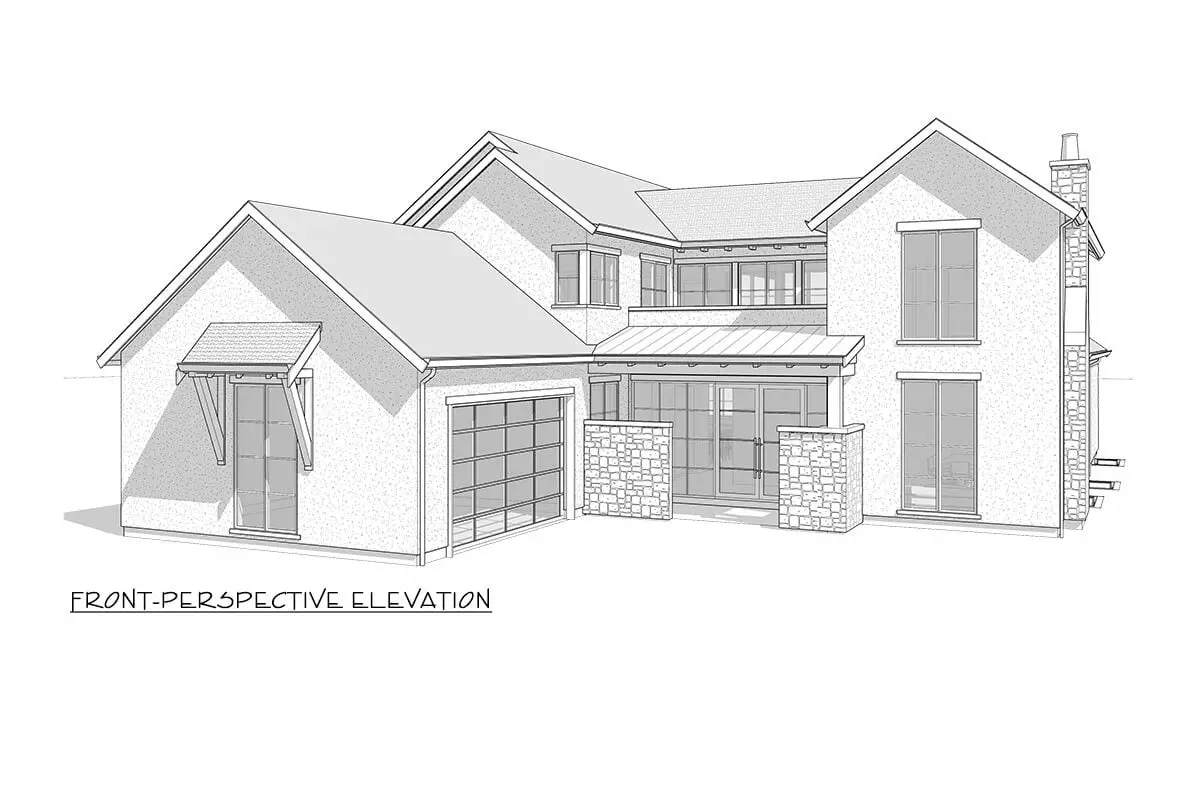 Front-perspective elevation sketch of the 2-story 5-bedroom transitional farmhouse.