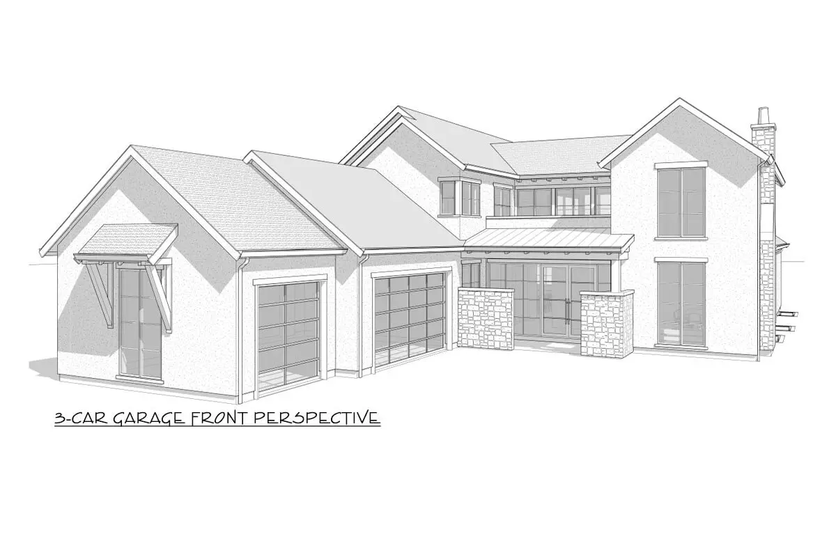 3-car garage front perspective sketch of the 2-story 5-bedroom transitional farmhouse.