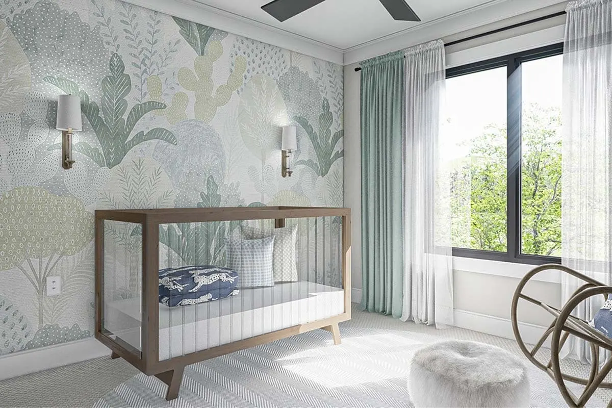 A soothing nursery room with a crib and rocking chair.