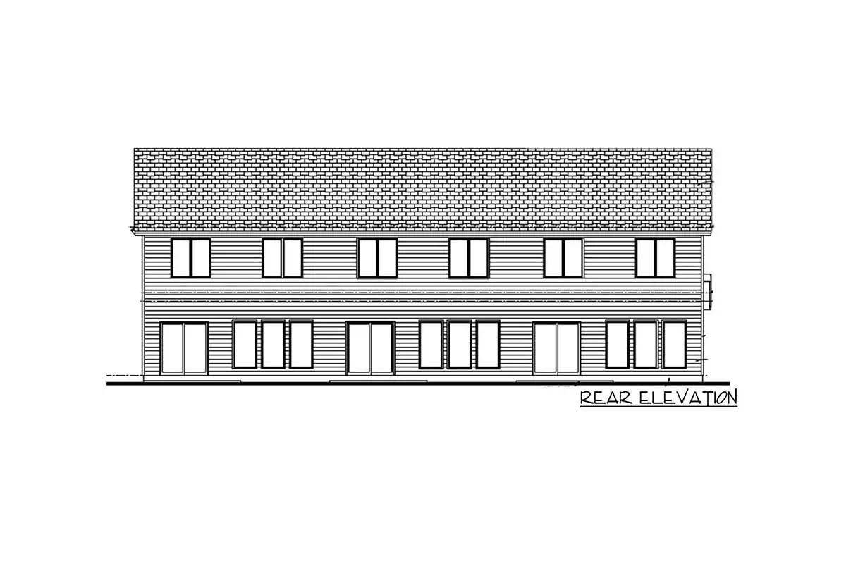 Rear elevation drawing of the 2-story 3-bedroom triplex country house.