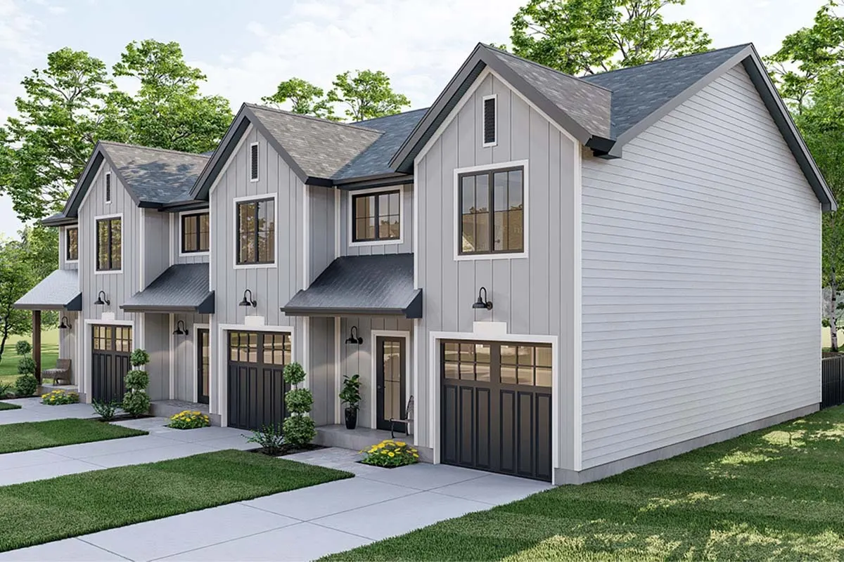 One-car garage with a visually attractive board and batten siding wall.