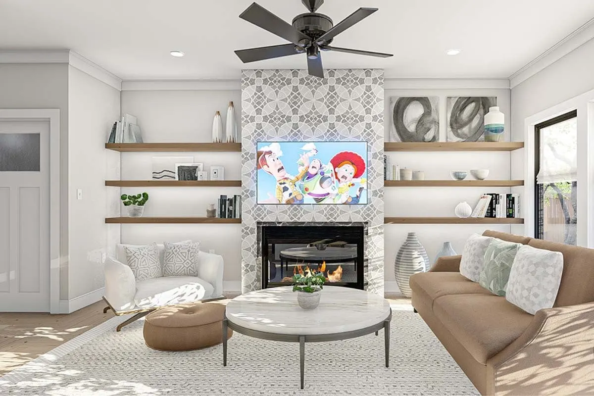 A warm and inviting look in the living room area with a touch of brown wood tone.