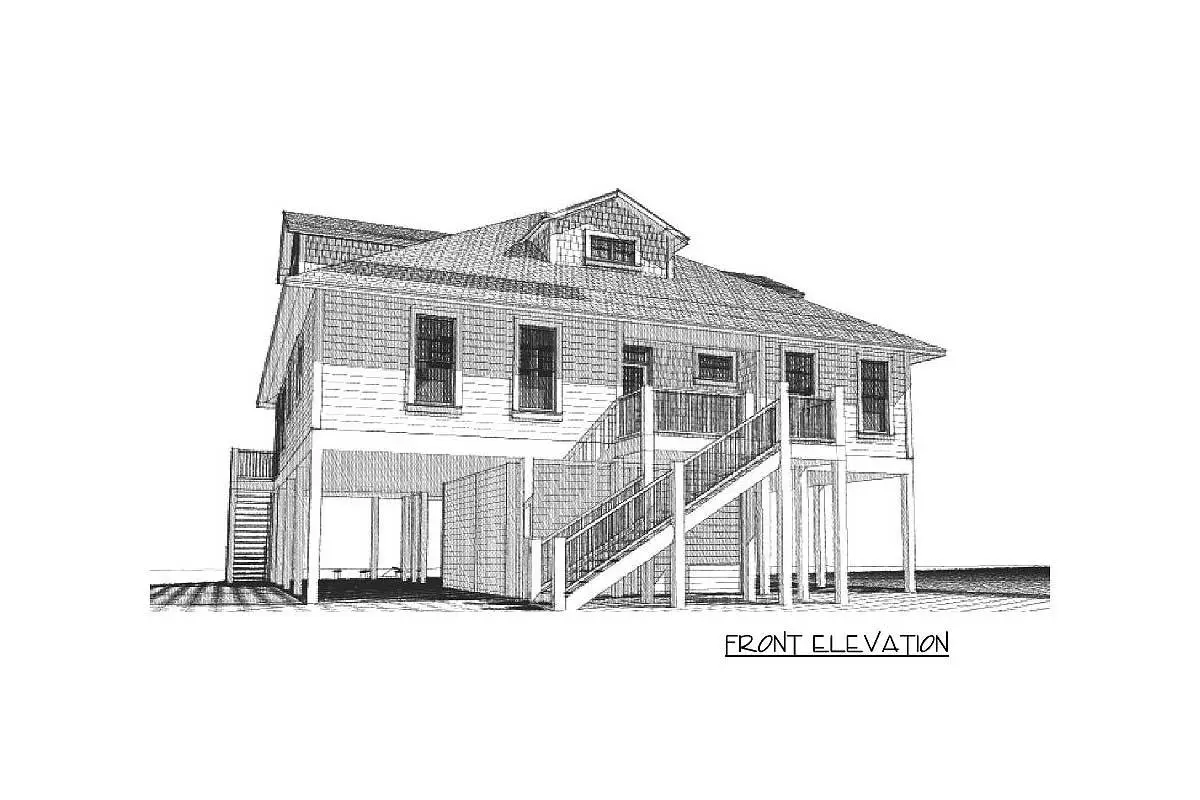 Front elevation sketch of the 2-story 4-bedroom coastal beach house.