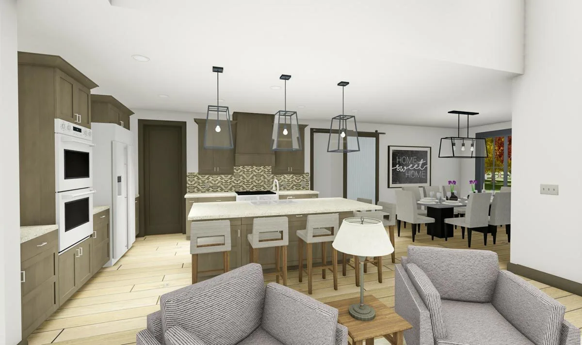 Kitchen area in brown beige color cabinetry with an island.