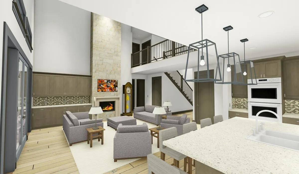 The living room features a gray cozy sofa arranged in front of the fireplace.