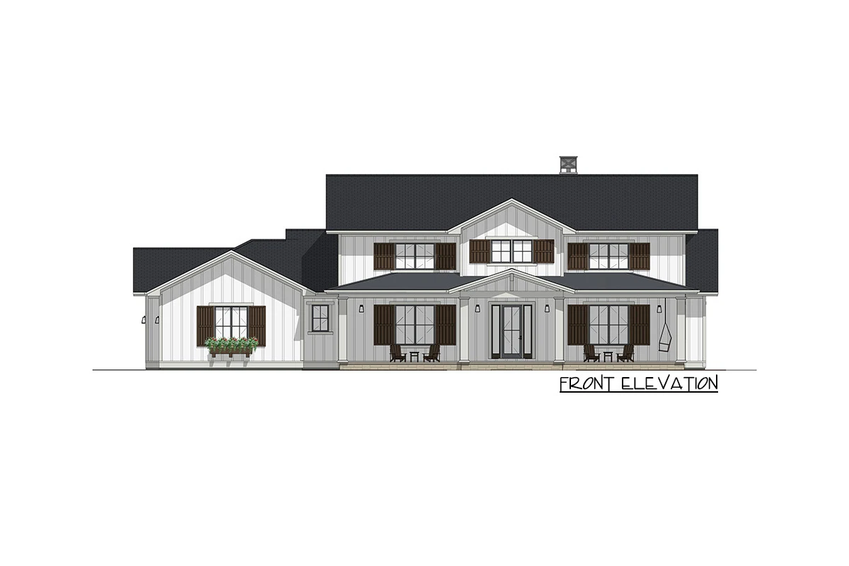 The front elevation of the two-story, four-bedroom craftsman house is sketched.