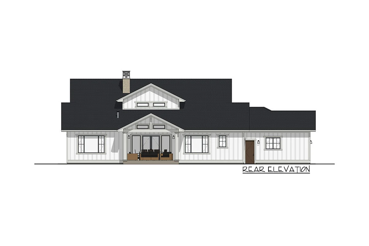 The rear elevation of the two-story, four-bedroom craftsman house is sketched.