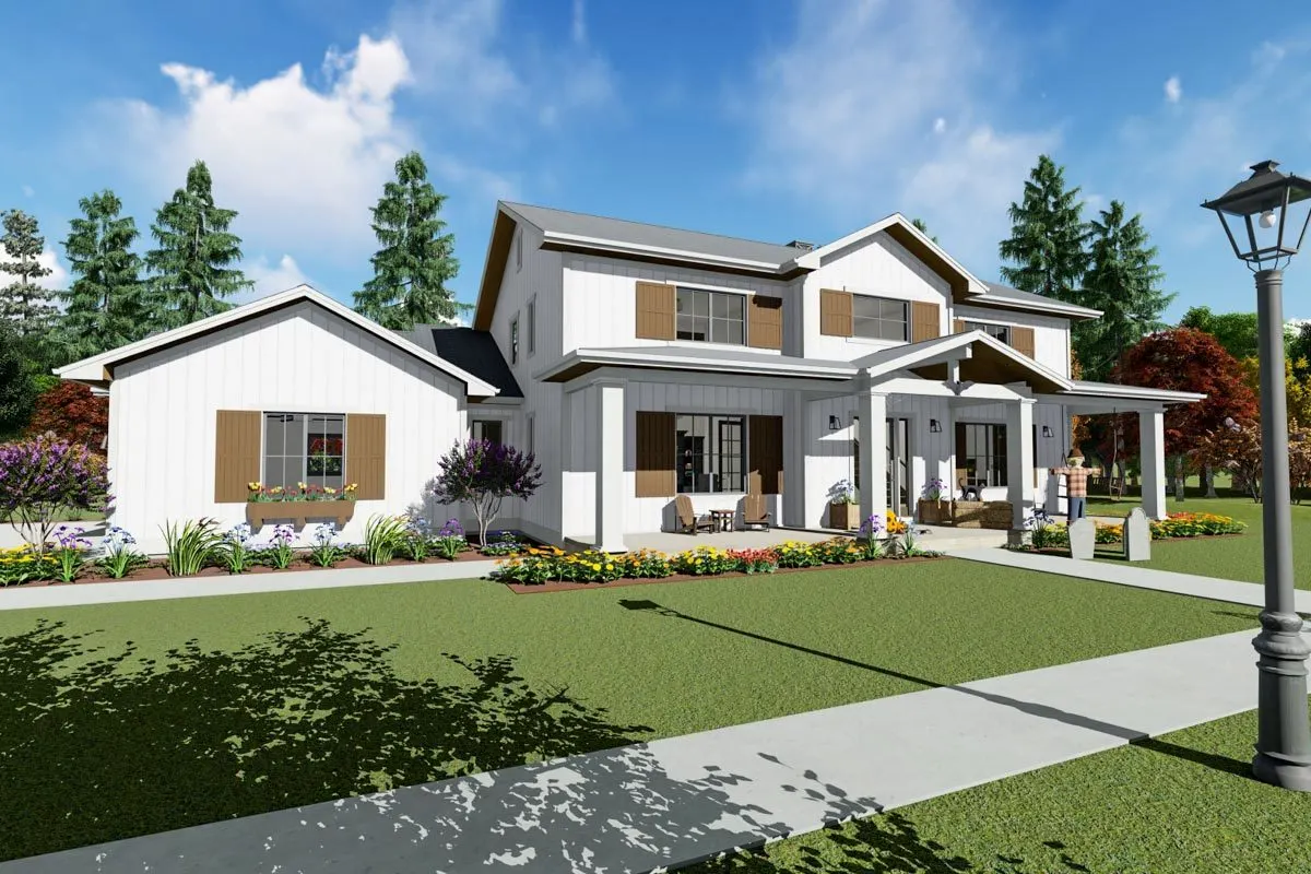 The white exterior paint complements the wooden window shutters.