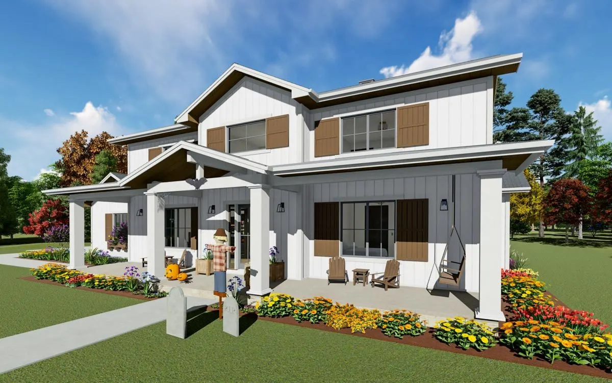 With wooden chair features and a swing chair, the porch area appears appealing.