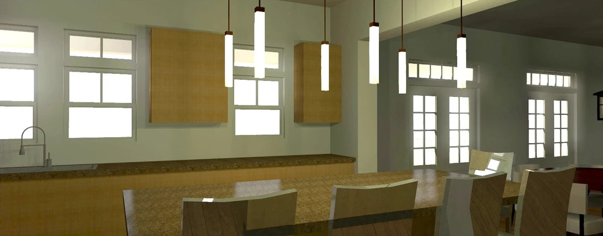 Kitchen area with brown island and lighting bulbs above.