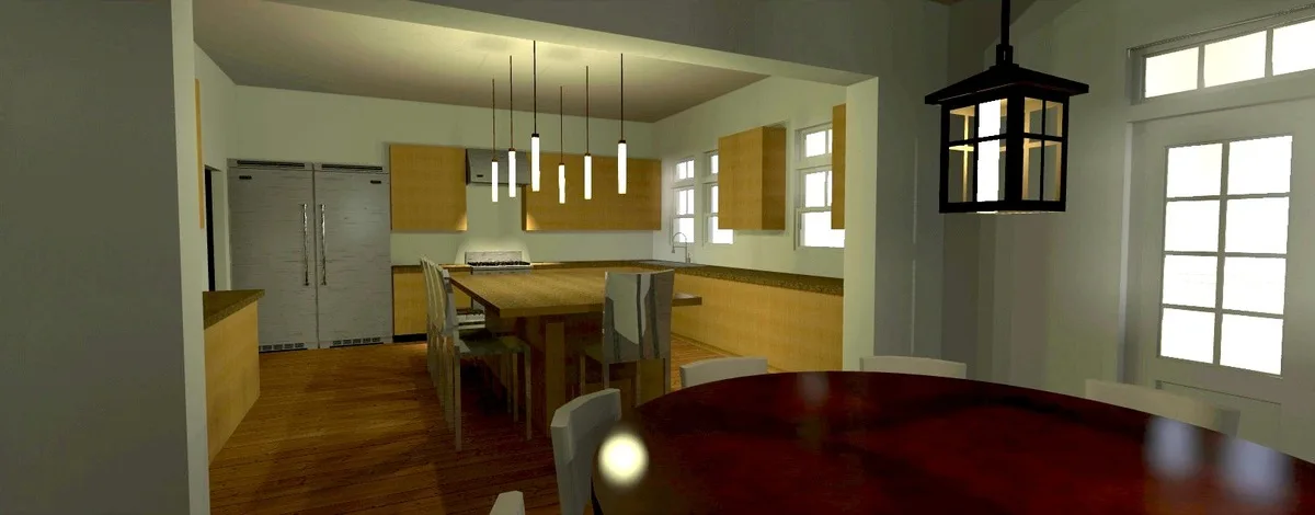 View of the kitchen area with a round table for dining and lamp design above.