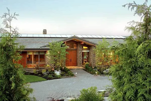 The entrance door and walls of the house have wooden accents design.